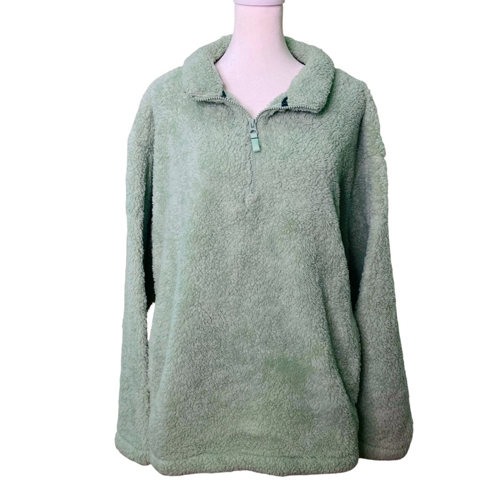 Lands' End Half Zip Cozy Sherpa Fleece Pullover Pale Green Pocket (Plus Size 1X)